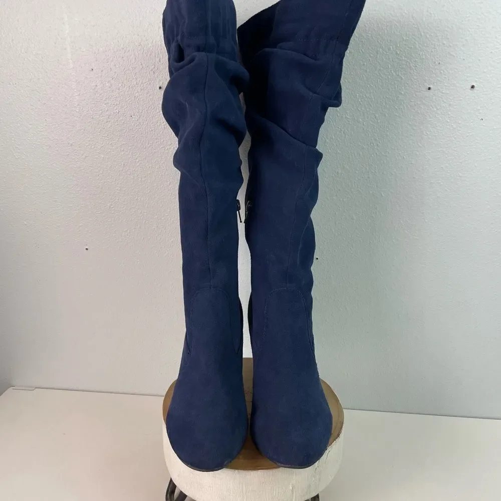 Hot in Hollywood Blue Leather Over the Knee Slouchy Boots Size 8W EUC